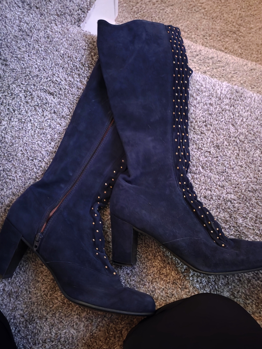 Women's Navy Suede Knee-High Studded Block Heel Boots